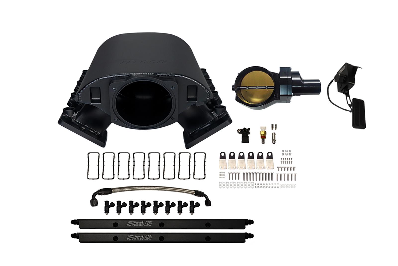 FiTech Ultimate Rebel LS 500 HP EFI Loaded Intake Manifold Kits 70068 Manifolds, Loaded, Short Cathedral, Aluminum, Black Anodized, Throttle Body, Injectors, Sensors, Chevy, Kit