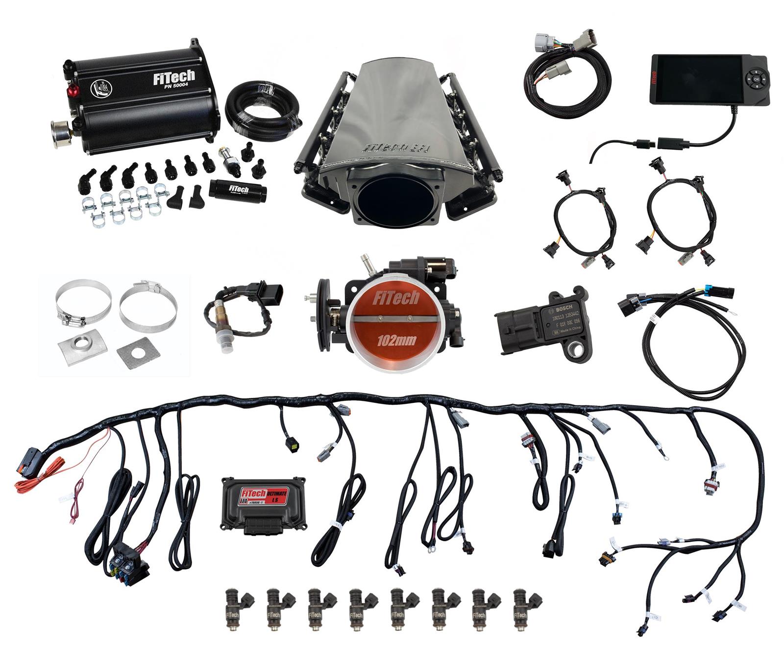 FiTech Ultimate LS EFI 750 HP Fuel Injection Systems with Force 75214 System, LS, HP, Multi-port, Rectangular Port Heads, Fuel, Transmission Controller, Fuel, Kit