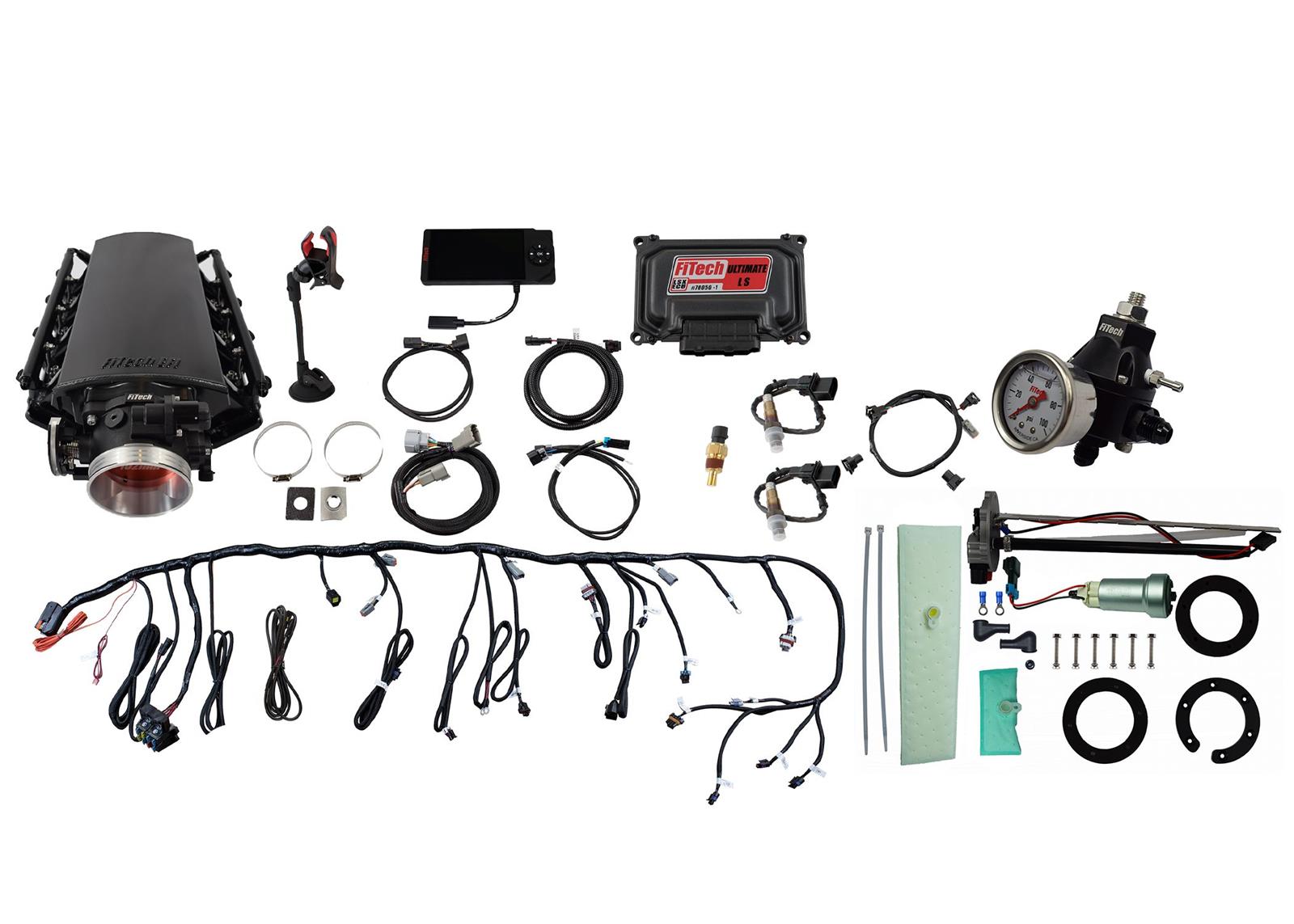 FiTech Ultimate LS EFI 500 HP Fuel Injection Systems with Go In-Tank Module 76102 System With Short Cathedral Intake, Transmission Control, In Tank 440 LPH Pump & Regulator Master Kit