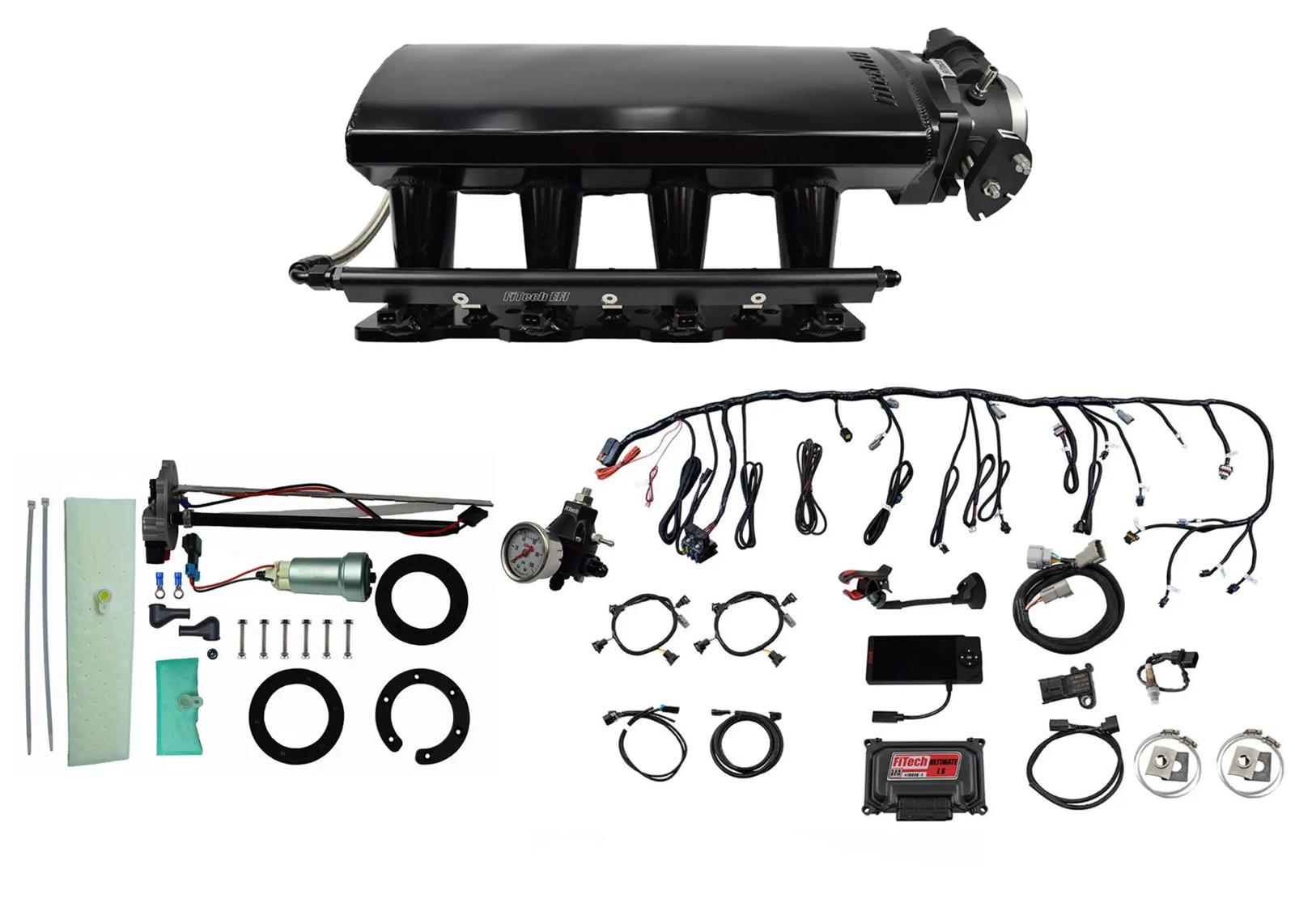 FiTech Ultimate LS EFI 500 HP Fuel Injection Systems with Go In-Tank Module 76107 System With Long Runner Cathedral Intake, Transmission Control, In Tank 440 LPH Pump & Regulator Master Kit