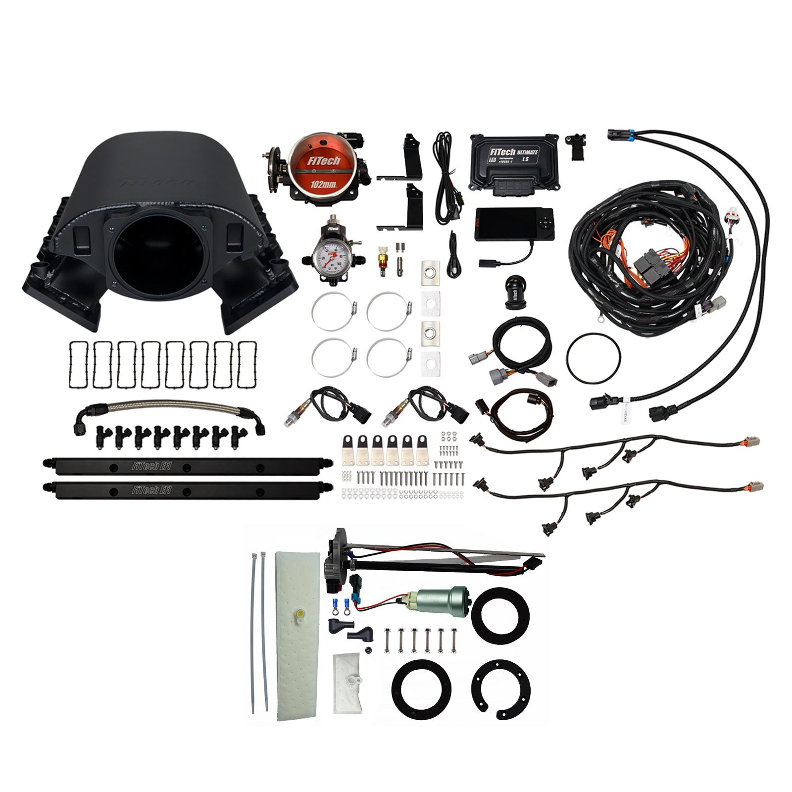 FiTech Ultimate Rebel LS 750 HP EFI Fuel Injection Systems 76191 System, Rebel, HP, Cathedral Port, 102mm Throttle Body, In-Tank Pump, 55 Lb., EV1, With Transmission Controller, Kit