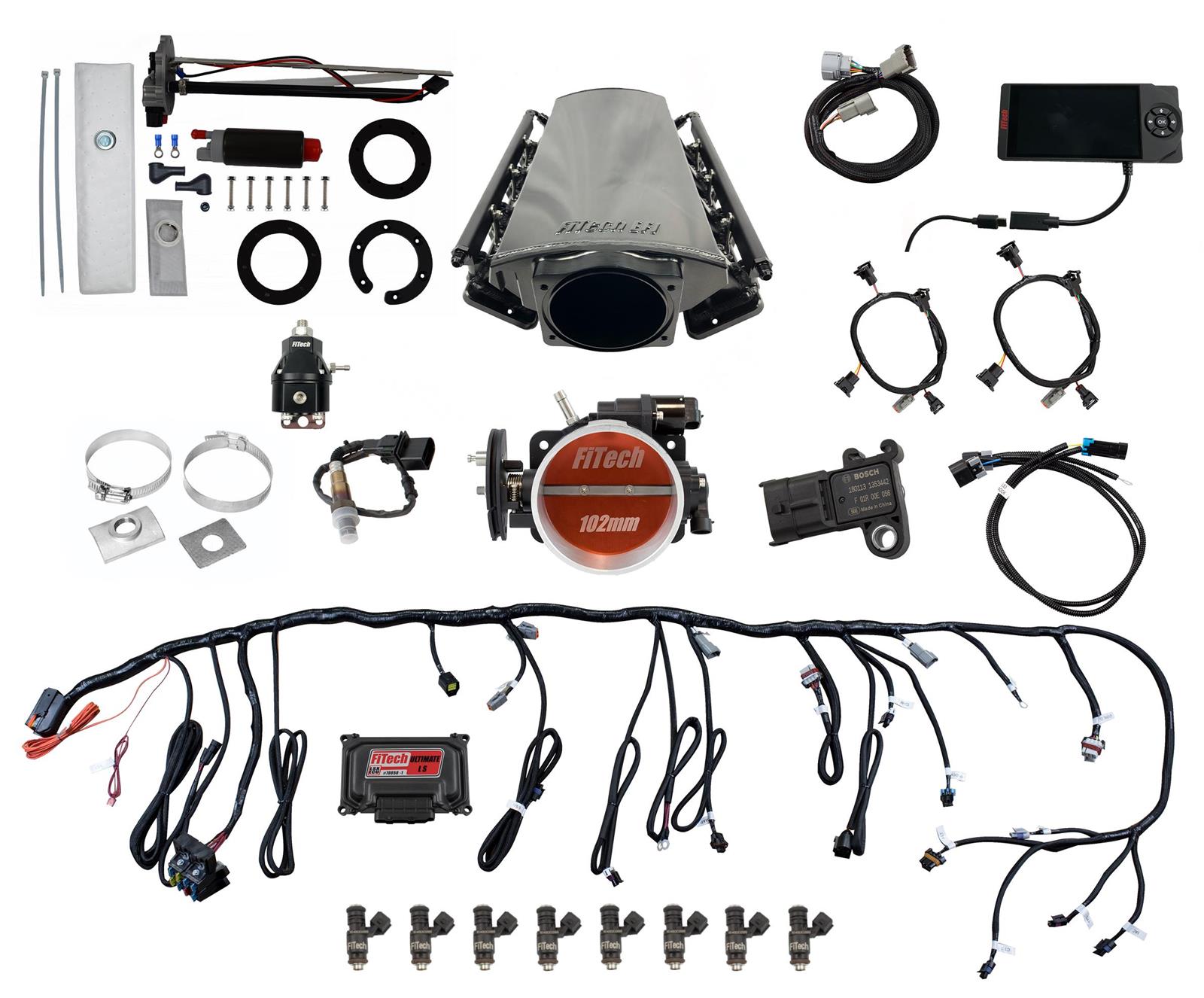 FiTech Ultimate LS EFI 750 HP Fuel Injection Systems with Go In-Tank Module 76214 System, LS, HP, Multi-port, Rectangular Port Heads, Force Fuel, Fuel, Transmission Controller, Kit