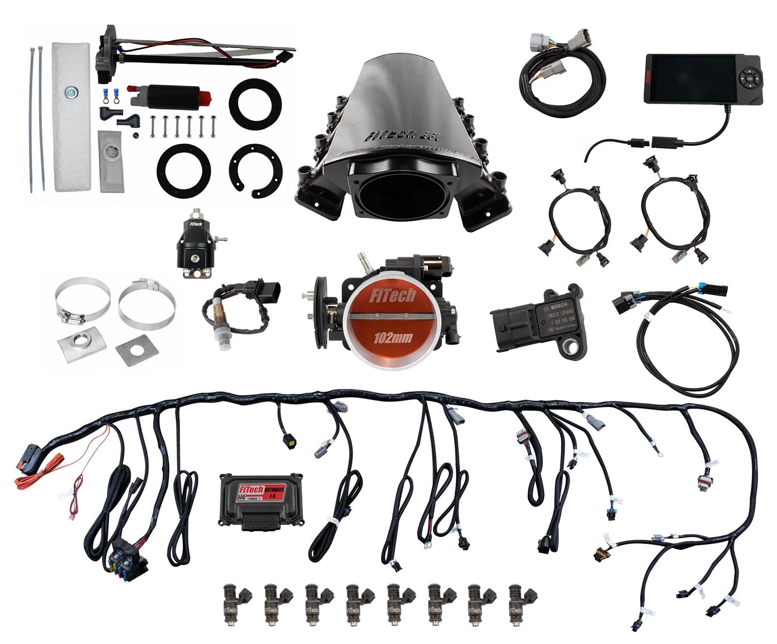 FiTech Ultimate LS EFI 750 HP Fuel Injection Systems with Go In-Tank Module 76218 System, LS, HP, Multi-port, LS7 Square Port Heads, Force Fuel, Fuel, Transmission Controller, Kit