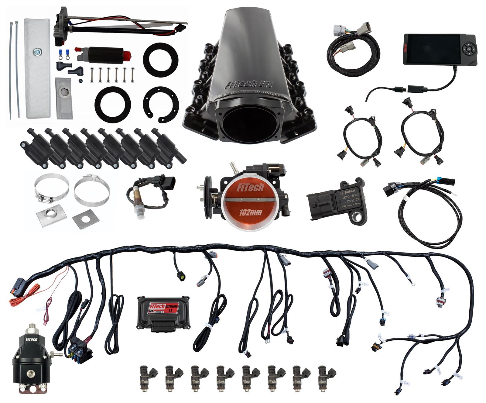 FiTech Ultimate LS EFI 750 HP Fuel Injection Systems 78604 Injection, LS, Master Kit 70004 w/ 50015 In-Tank Module, 54001 regulator, w/ coil pack set