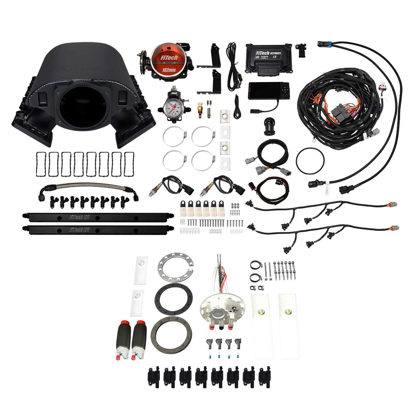 FiTech Ultimate Rebel LS 1000 HP EFI Fuel Injection Systems 79893 System, Rebel, 1,000 HP, Cathedral Port, 102mm, Dual In-Tank Pump, LS3 Coils, 80Lb., EV1, With Transmission Controller, Kit