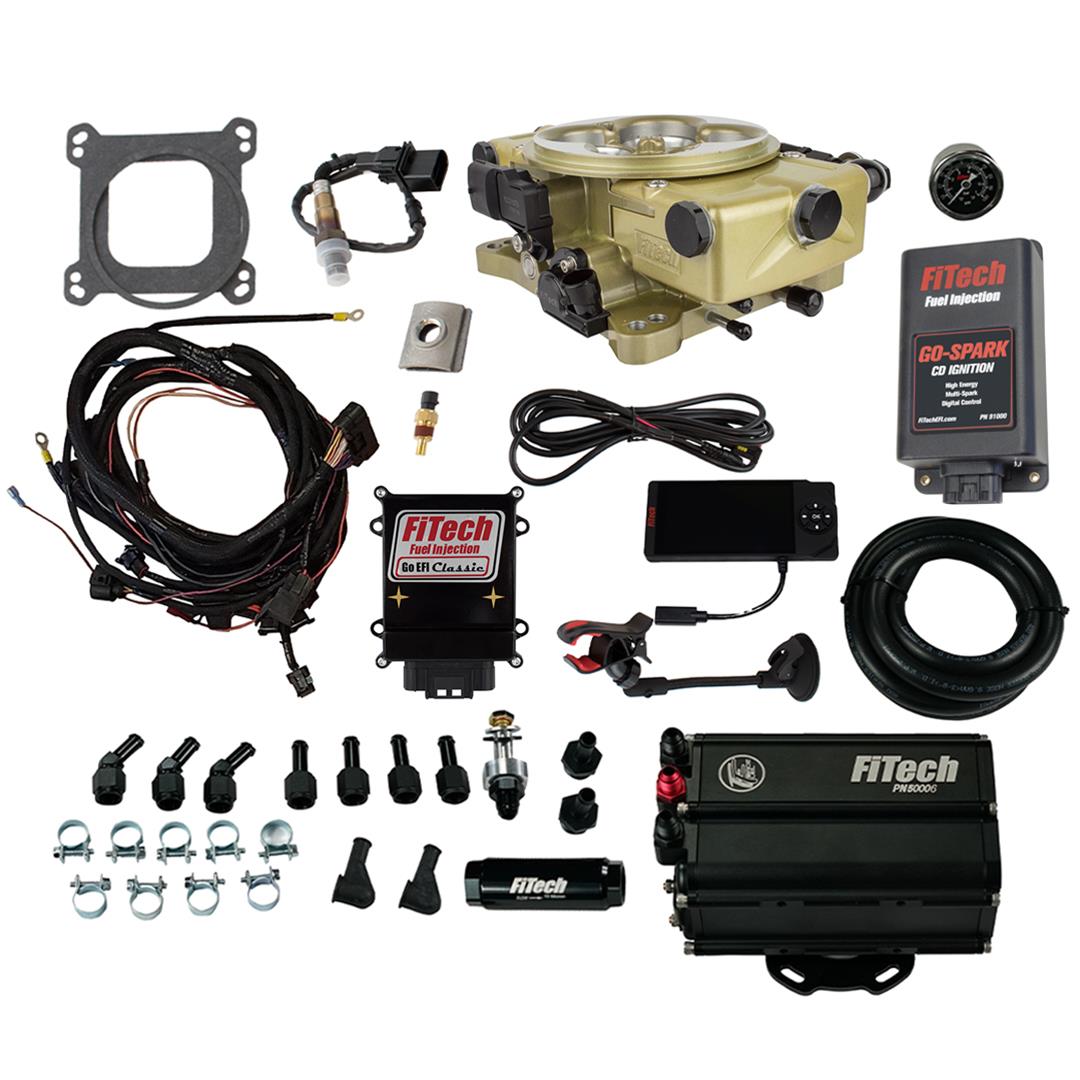 FiTech Go EFI Classic 650 HP System Force Fuel/Go-Spark Fuel Injection Master Kits 93557 Gold With Mini Delivery & Spark CDI Box Kit