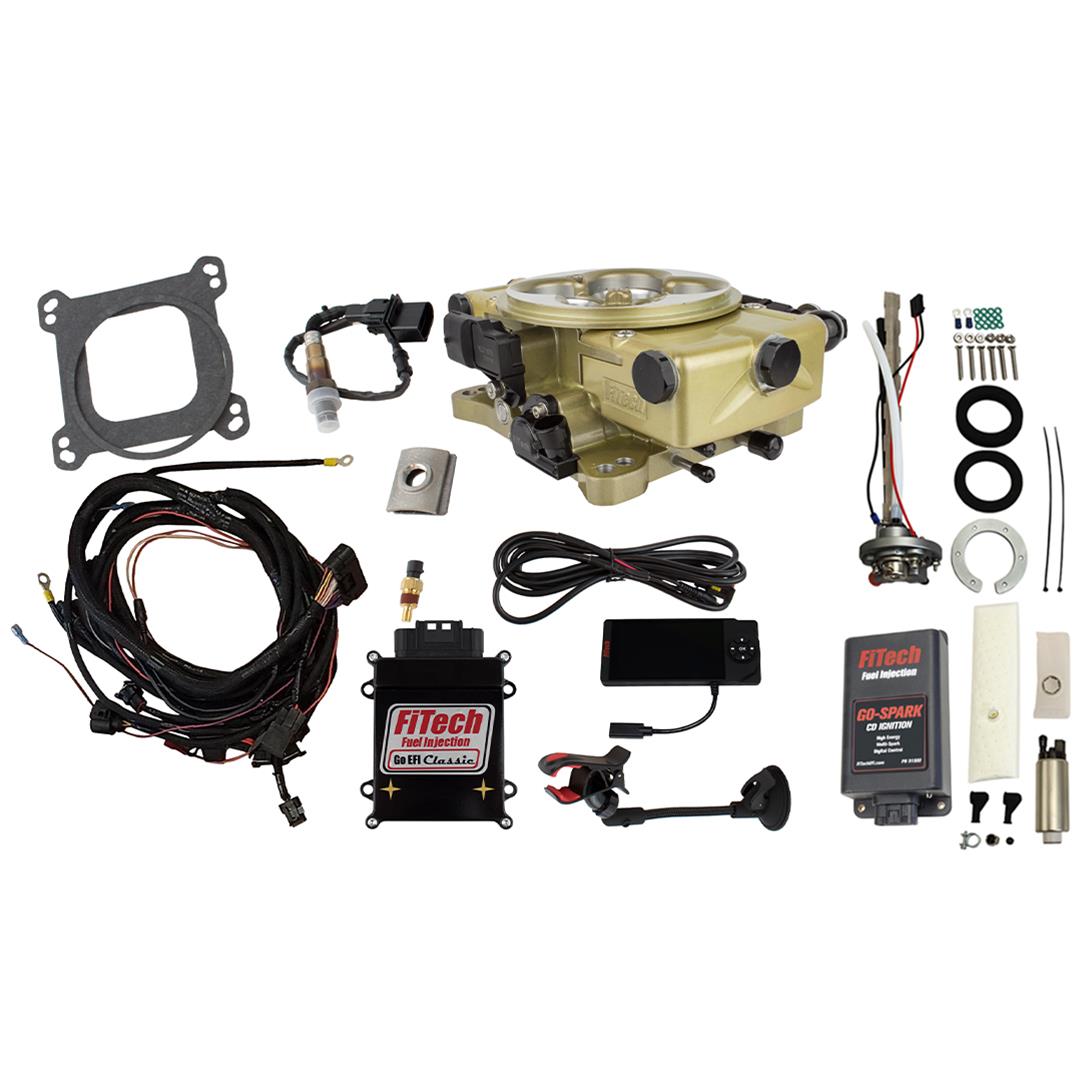 FiTech Go EFI Classic 650 HP System Regulated In-Tank Pump/Go-Spark Fuel Injection Master Kits 96320 Gold With 340 LPH & Spark CDI Box Kit