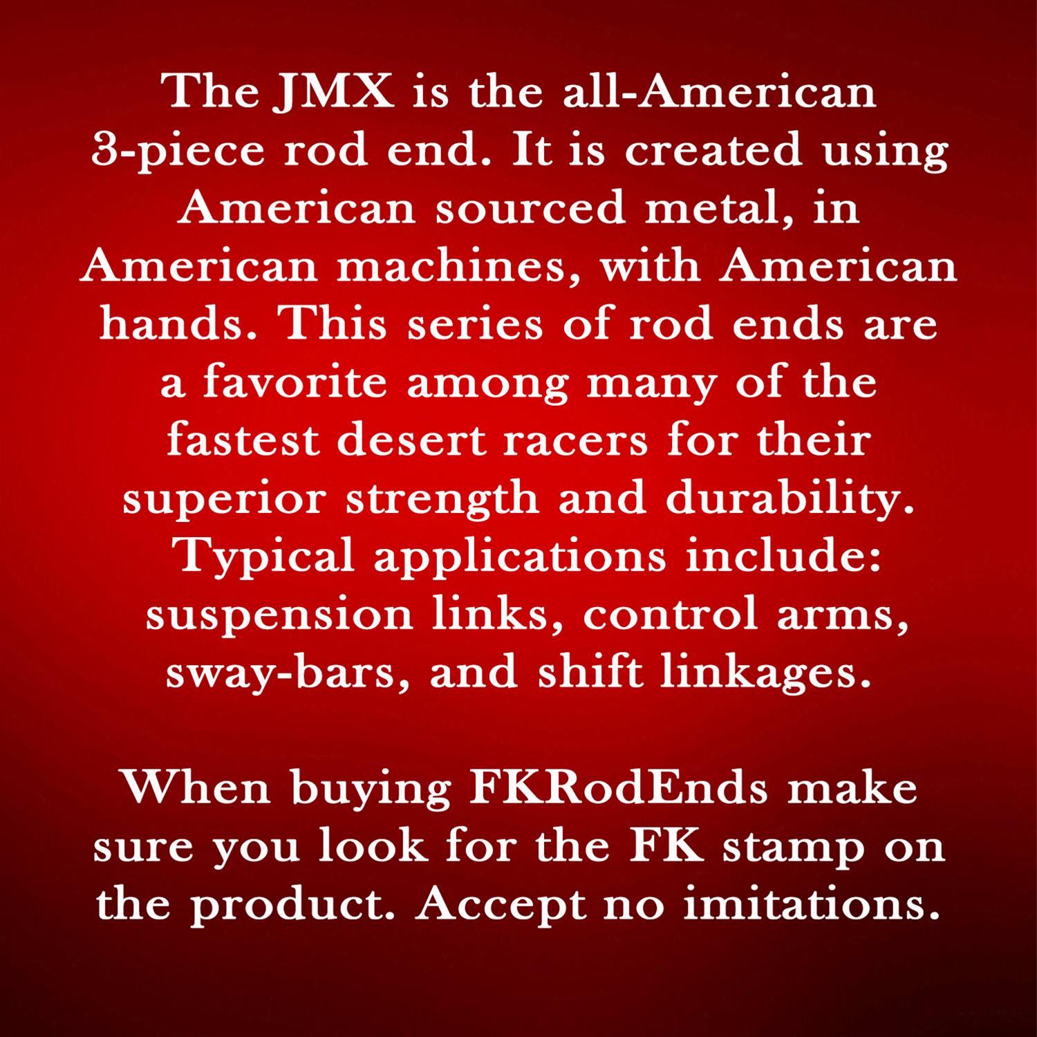 FK JMX/JMXL Series Rod Ends JMX7 End, Series, 7/16 in.-20, Male Threads, 3-piece, Alloy Steel, 0.438 in. Bore, Each thumbnail 2