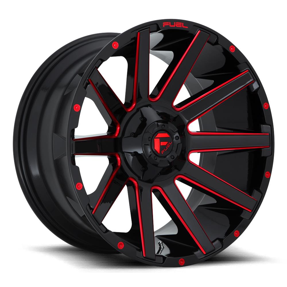 Fuel Off-Road Contra D643 Gloss Black Wheels with Candy Red Accents 18x9 Wheel, D643, 18 x 9, Aluminum, Black, Accent, 6 x 135mm Bolt Pattern, +1mm Offset, 5.040 in. Backspace, Each