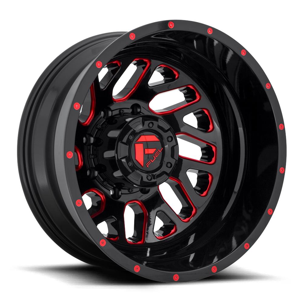 Fuel Off-Road Triton D656 Dually Gloss Black Wheels with Candy Red Accents 20x8.25 Wheel, D656, 20 x 8.25, Aluminum, Black, Accents, 8 x 165.1mm Bolt Pattern, -240mm Offset, -4.820 in. Backspace, Each