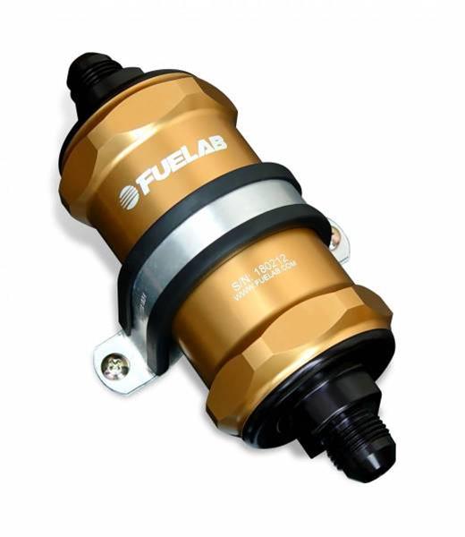 Fuelab 848 In-Line Fuel Filter Standard -6AN In/Out 10 Micron Fabric w/Check Valve - Gold