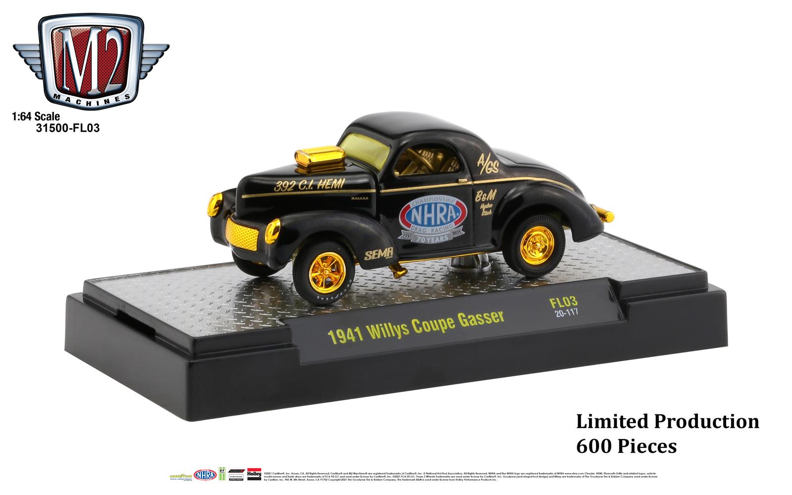 NHRA 31500-FL03 1:64 Scale M2 Gassers 1941 Willys Coupe Diecast