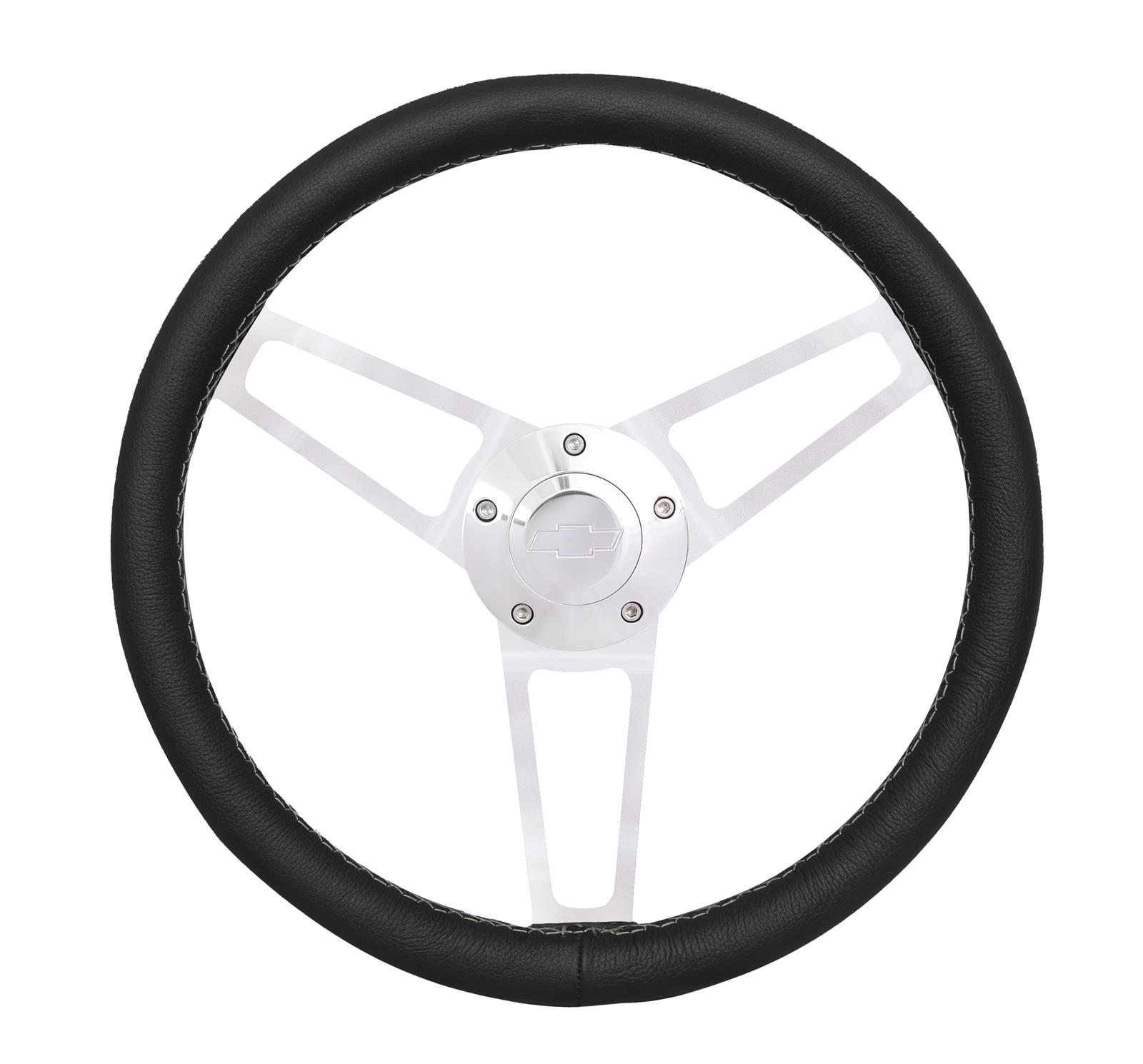 Grant Billet Steering Wheels 1901-2 Wheels, Series, 14.75 in. Diameter, Leather Grip, Aluminum, 3-Spoke, Polished, with Chevy BowTie Horn Button, Installation Hub, Each