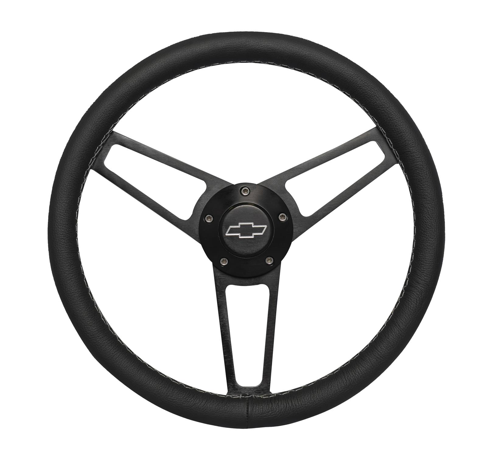 Grant Billet Steering Wheels 1906-2 Wheels, Series, 14.75 in. Diameter, Leather Grip, Aluminum, 3-Spoke, Black, with Chevy Bowtie Horn Button, Install Hub, Chevy, Each