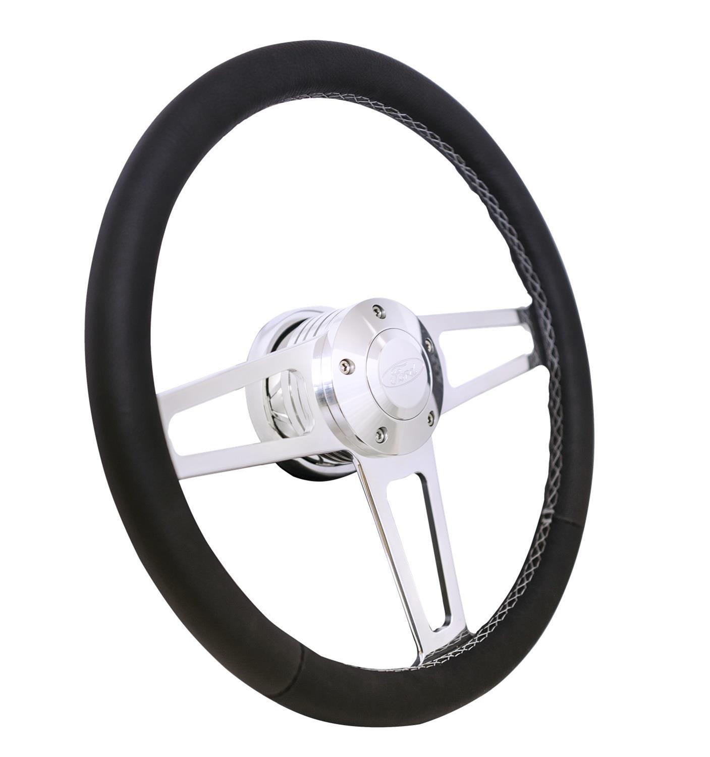 Grant Billet T-Series Steering Wheels 1912-1 Wheels, T-Series, 14.0 in. Diameter, Aluminum, 3-Spoke, Polished, Leather Grip, Black, with Installation Kit, Horn Cap, Ford, Kit thumbnail 3