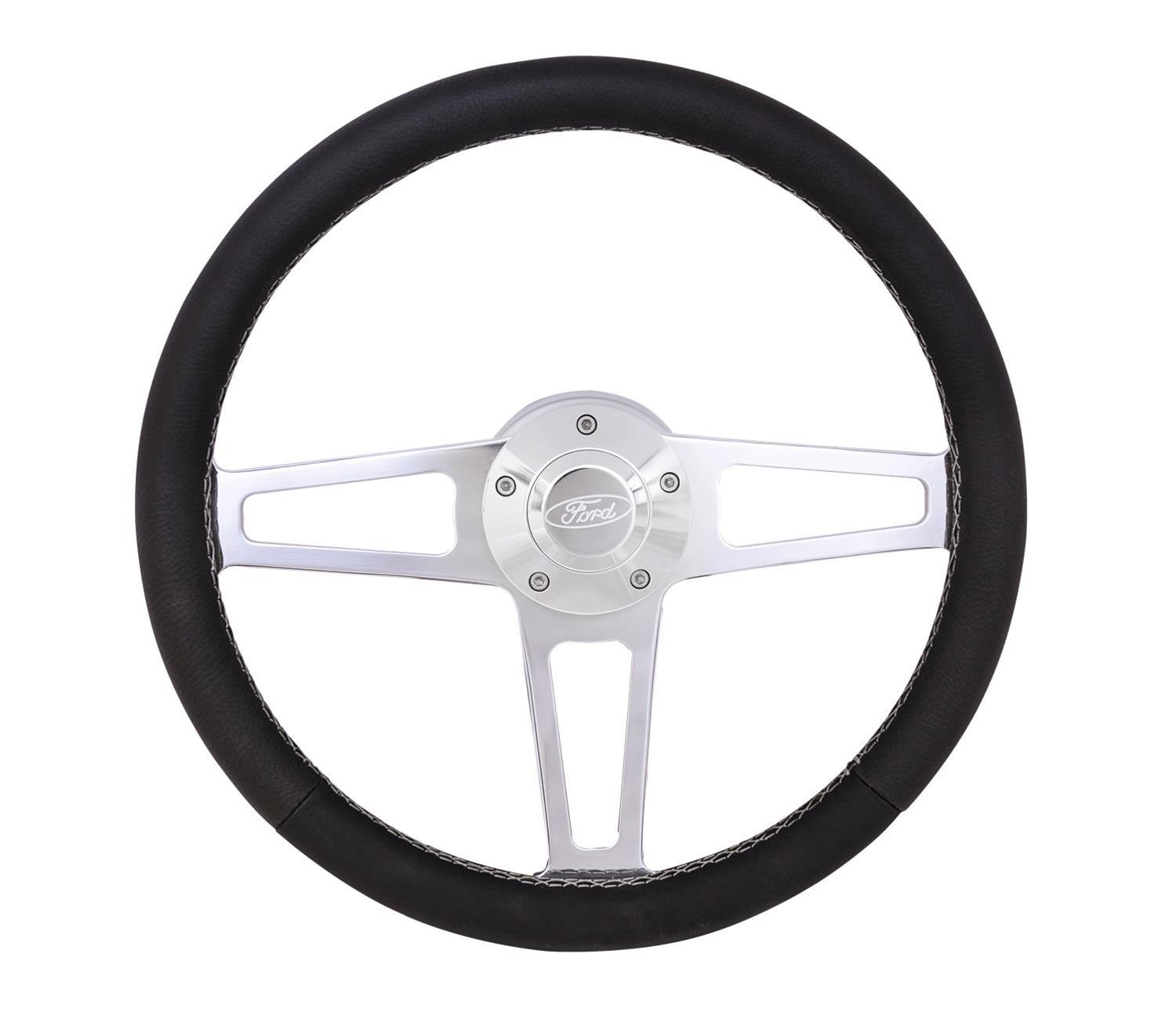 Grant Billet T-Series Steering Wheels 1912-1 Wheels, T-Series, 14.0 in. Diameter, Aluminum, 3-Spoke, Polished, Leather Grip, Black, with Installation Kit, Horn Cap, Ford, Kit thumbnail 2