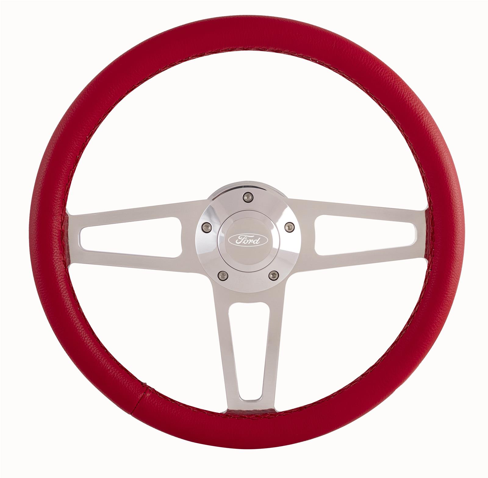 GRT Products Steering Wheels 1912-1R Billet T Series Red Wrapped Polished Spoke Wheel with Ford Logo & Install Kit (5285-1)