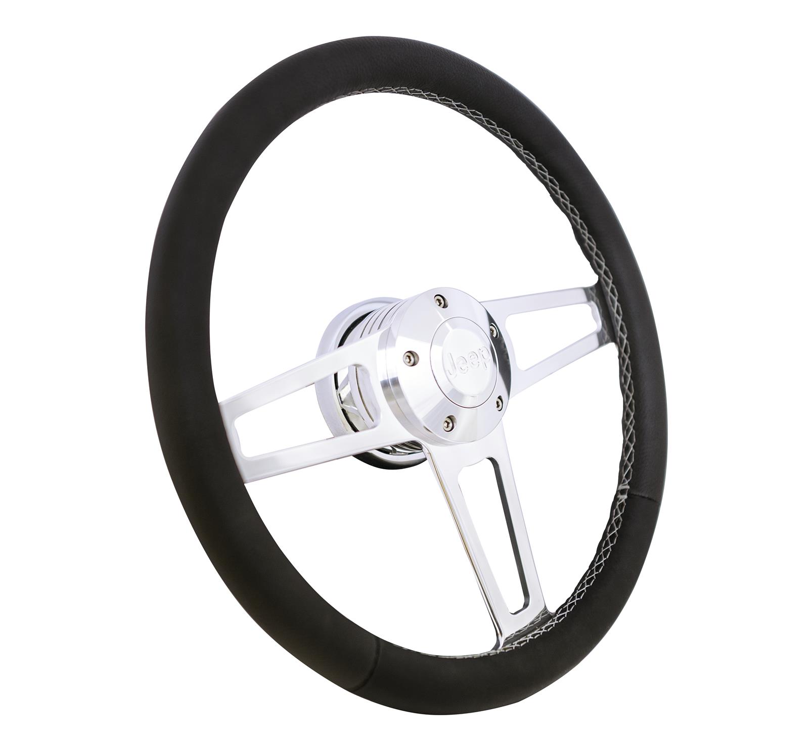 Grant Billet T-Series Steering Wheels 1914 Wheel, T Series, Aluminum, Polished, Leather/Black, 3-Spoke, 14 in. Diameter, 5-Bolt mount, Jeep Logo Horn Button, Each