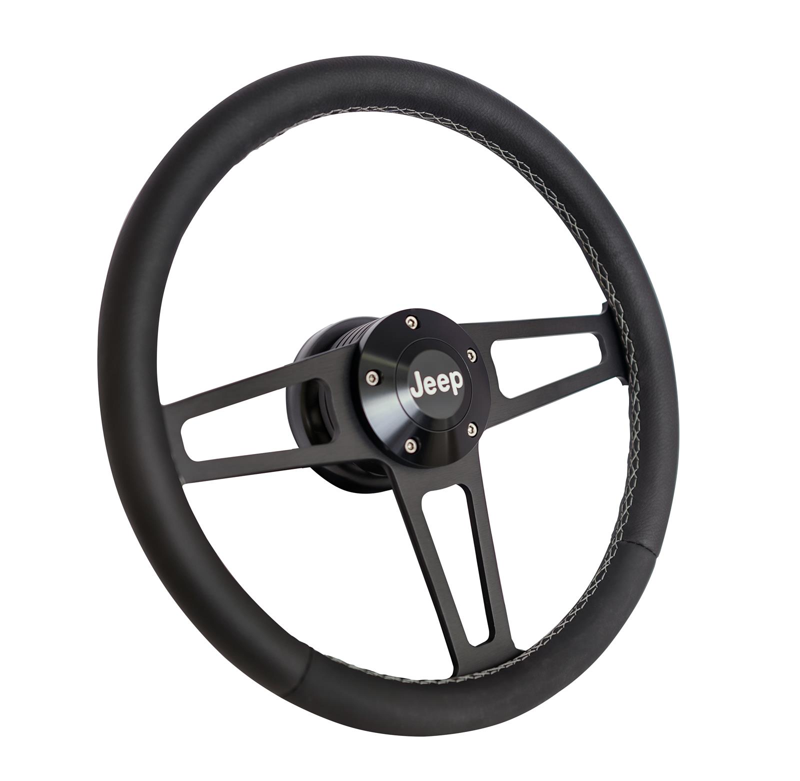Grant Billet T-Series Steering Wheels 1919 Wheel, T Series, Aluminum, Black, Leather/Black, 3-Spoke, 14 in. Diameter, 5-Bolt mount, Jeep Logo Horn Button, Each