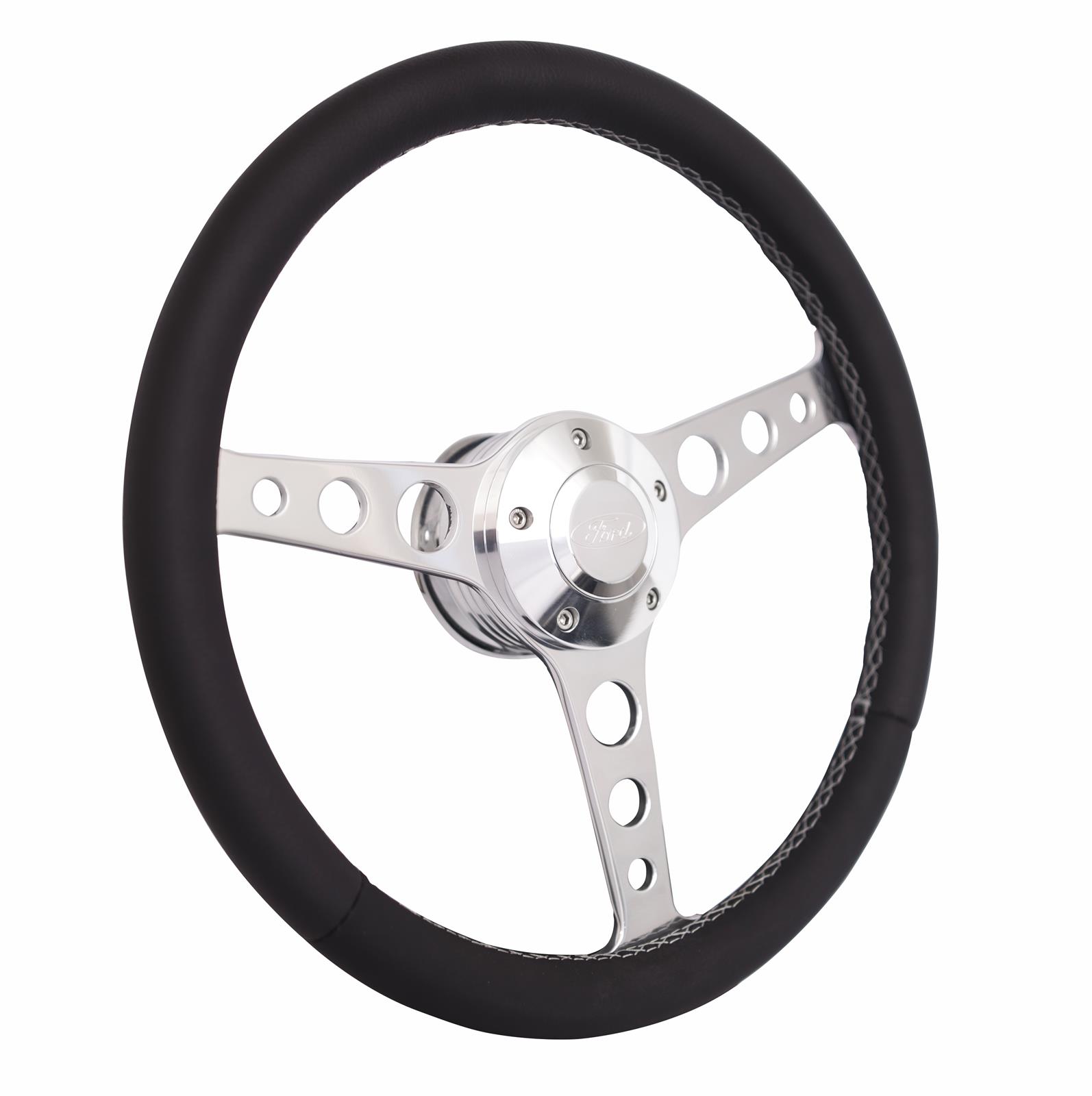 Grant Billet Classic Series Steering Wheels 1922 Wheel, Series, Aluminum, Polished, Leather/Black, 3-Spoke, 14 in. Diameter, 5-Bolt mount, Ford Logo Horn Button, Each thumbnail 2