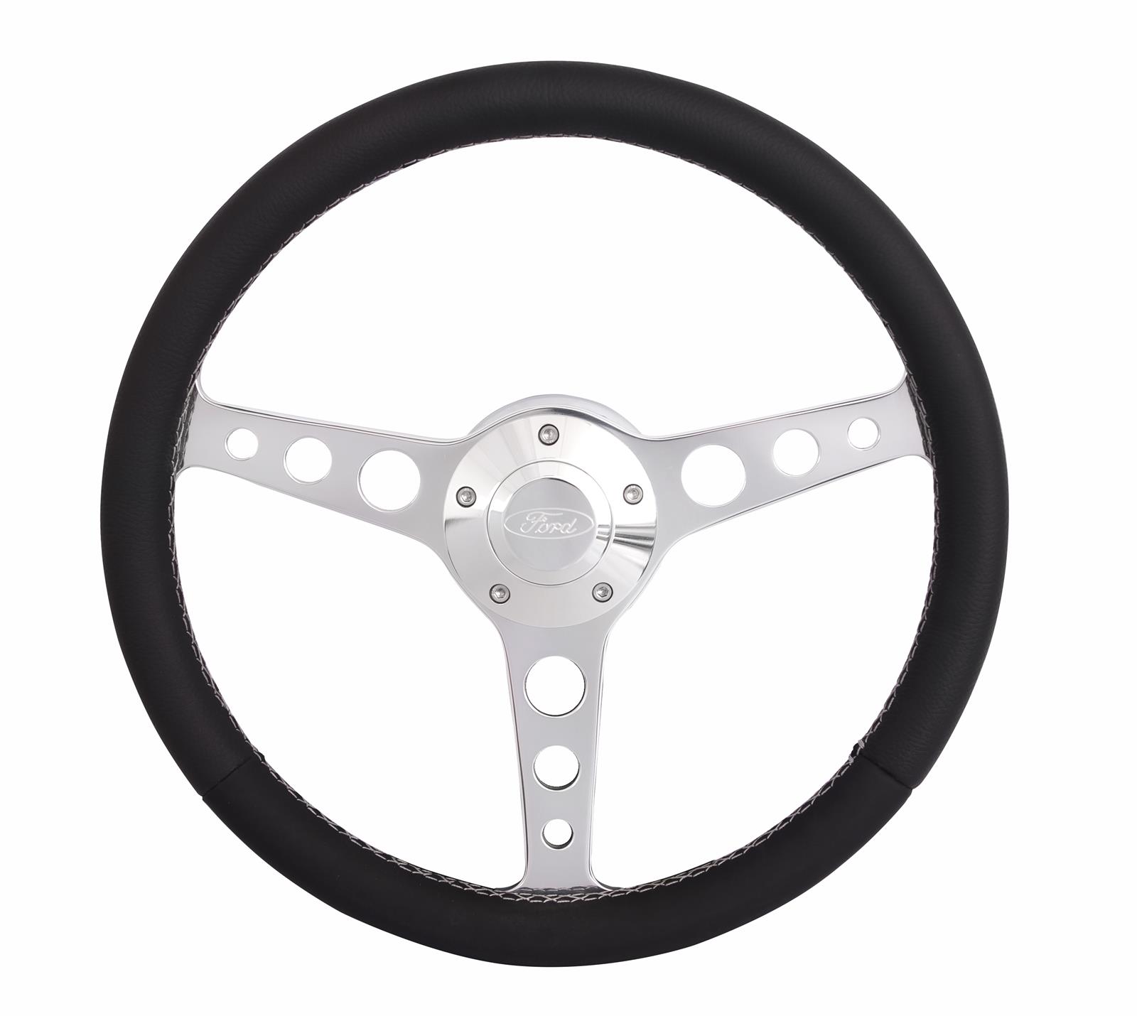 Grant Billet Classic Series Steering Wheels 1923 Wheel, Series, Aluminum, Polished, Leather/Black, 3-Spoke, 14 in. Diameter, 5-Bolt mount, Ford Logo Horn Button, Each