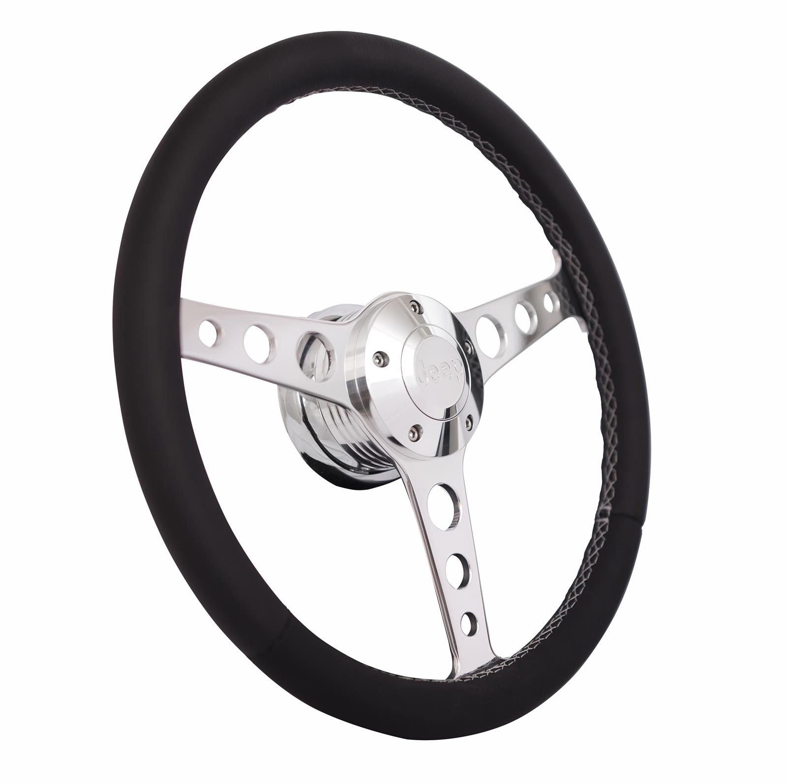 Grant Billet Classic Series Steering Wheels 1924 Wheel, Series, Aluminum, Polished, Leather/Black, 3-Spoke, 14 in. Diameter, 5-Bolt mount, Jeep Logo Horn Button, Each