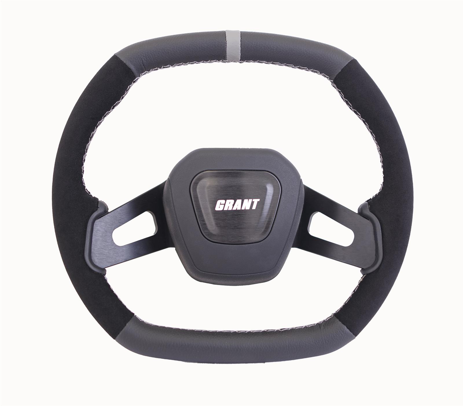 Grant Racing Performance Series Aluminum Steering Wheels 693 Wheels, Wheel, 2-Spoke, 13.75 in. x 12.75 in. Oval, Aluminum, Black Spokes, Leather/Suede, Black, Gray Stripe, Each thumbnail 2