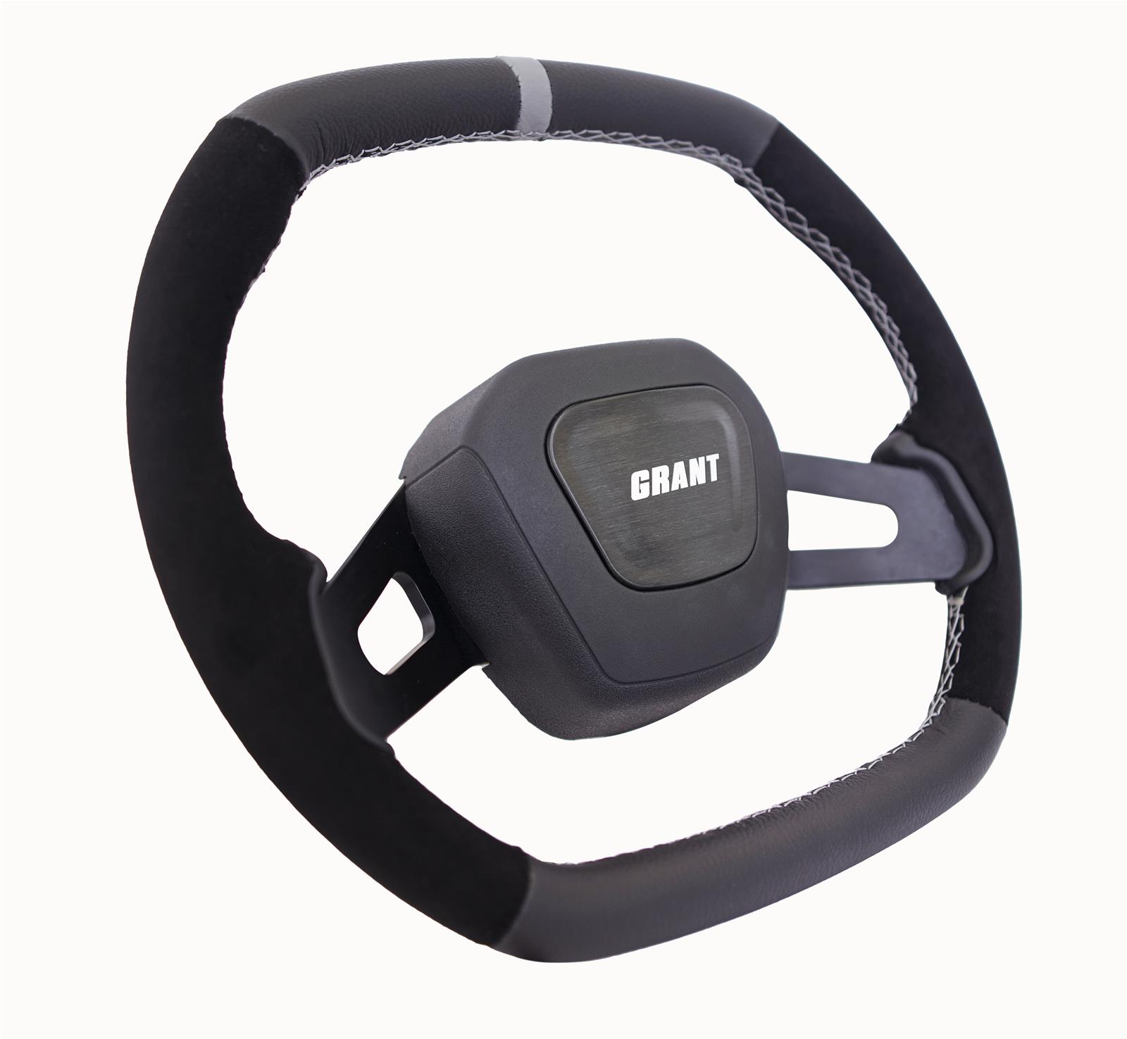 Grant Racing Performance Series Aluminum Steering Wheels 693 Wheels, Wheel, 2-Spoke, 13.75 in. x 12.75 in. Oval, Aluminum, Black Spokes, Leather/Suede, Black, Gray Stripe, Each