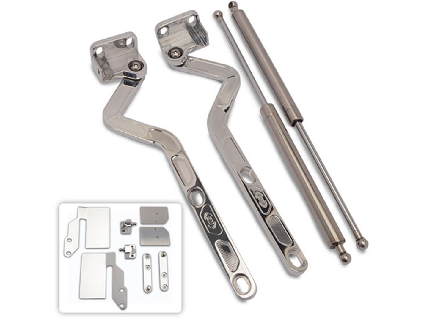 Brothers Trucks Billet Hood Hinges BHH87PL Hinges, Billet, Aftermarket Style, Aluminum, Polished, Stainless Steel Strut Included, Left Side/Right Side, Chevrolet, GMC, Pair