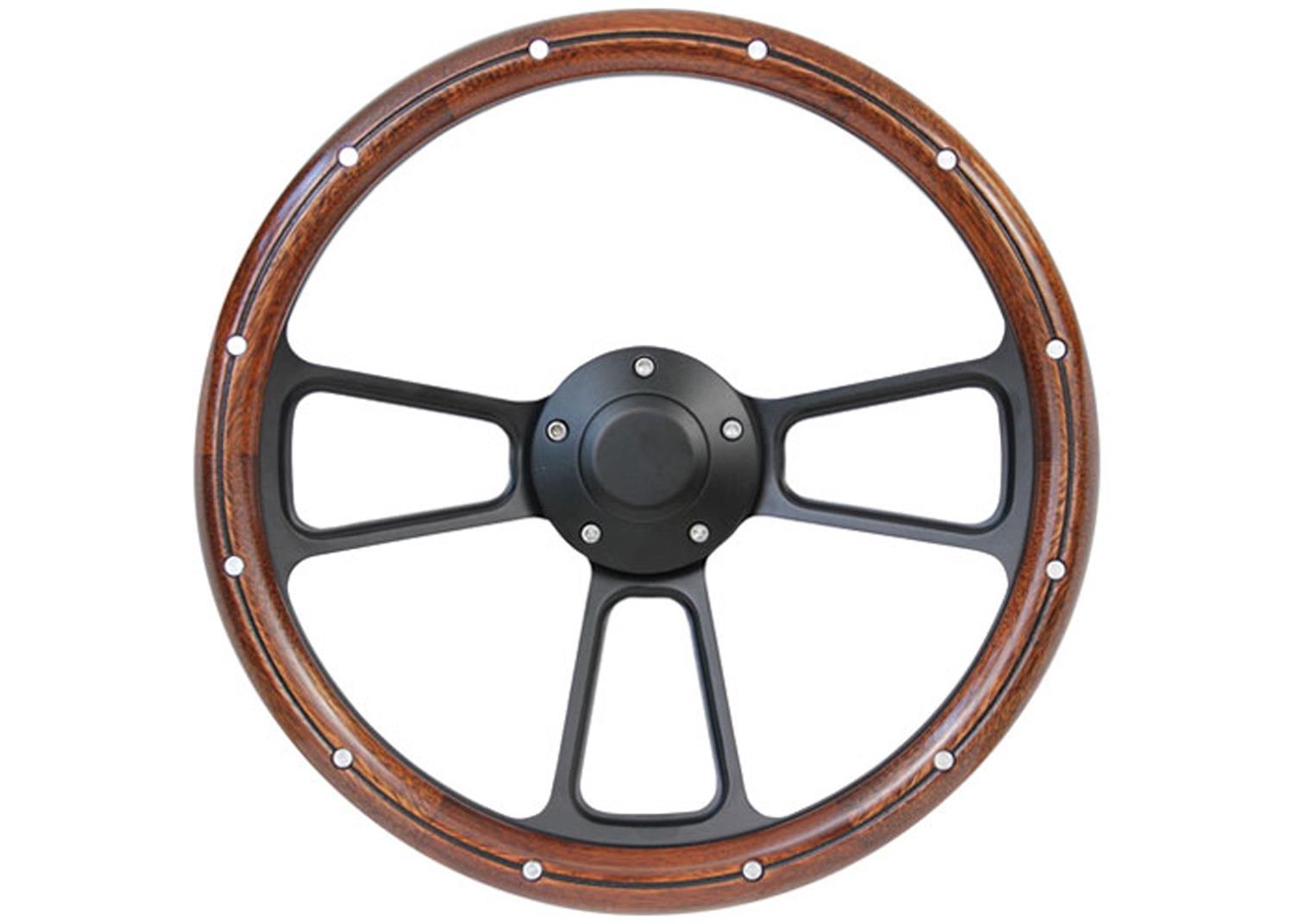 Brothers Trucks Custom Steering Wheels STRF8BW74-91 Wheels, Custom, 3-spoke, Mahogany Wood Grip, Black Aluminum Spokes, Horn Button, 14 in. Diameter, Chevrolet, GMC, Each