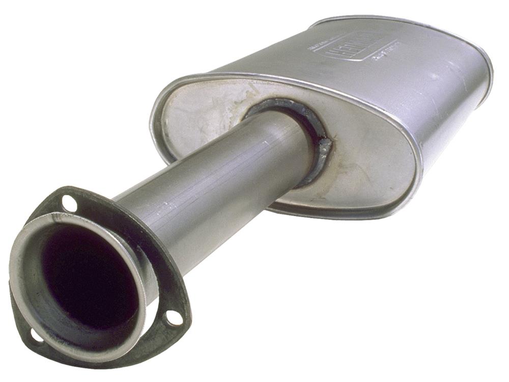 Hedman Turbo Hedder Steel 2.5 Inch Muffler 25662 Muffler; Gasket Style Collector Muffler; 14 in. Case; in. Inlet; in. Outlet; 3 in. 3-Bolt thumbnail 3