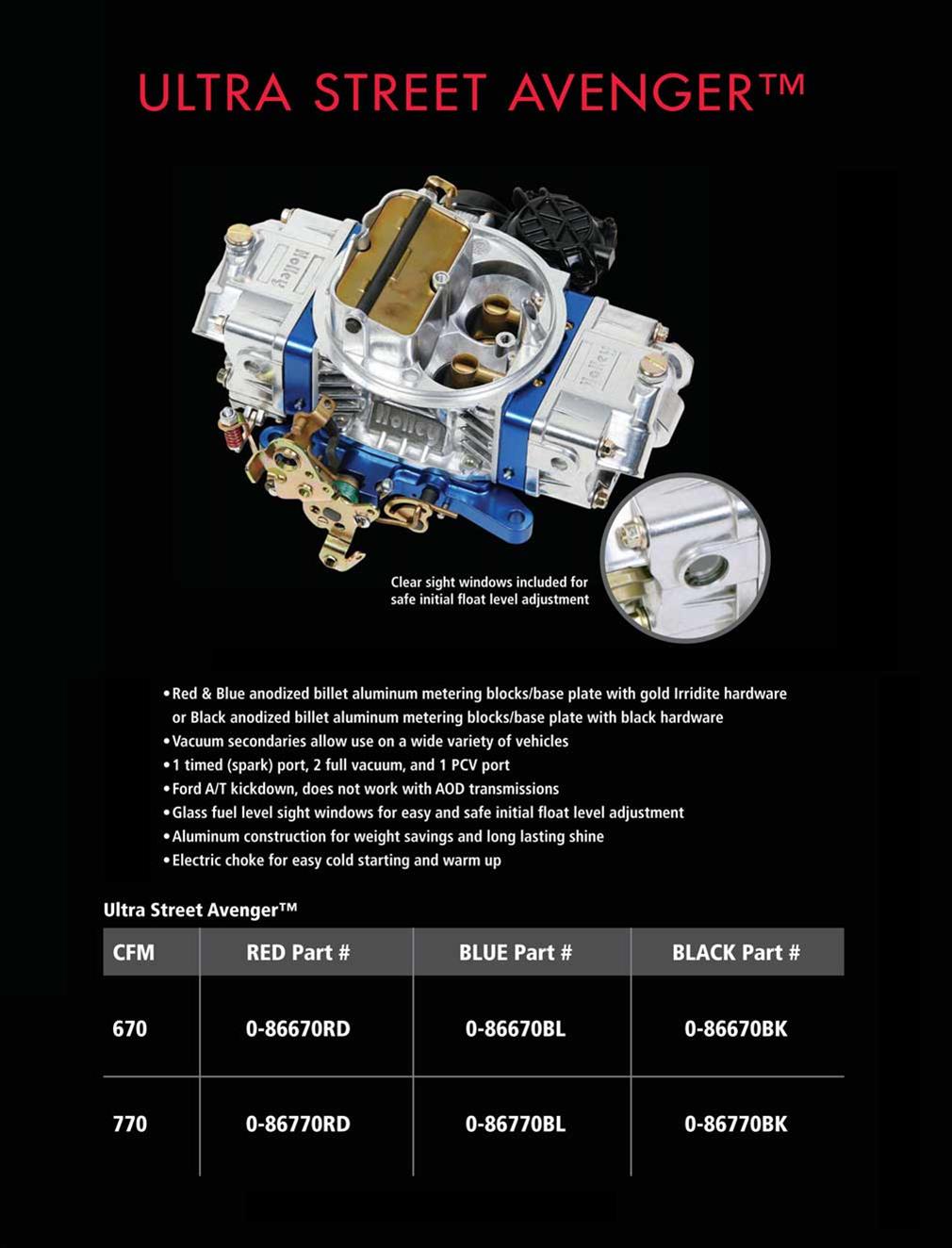 Holley Ultra Street Avenger Carburetors 0-86670BL Carburetors, Avenger, 670 cfm, 4-barrel, Square Bore, Electric Choke, Vacuum Secondaries, Dual Inlet, Blue and Shiny Finish, Each thumbnail 2