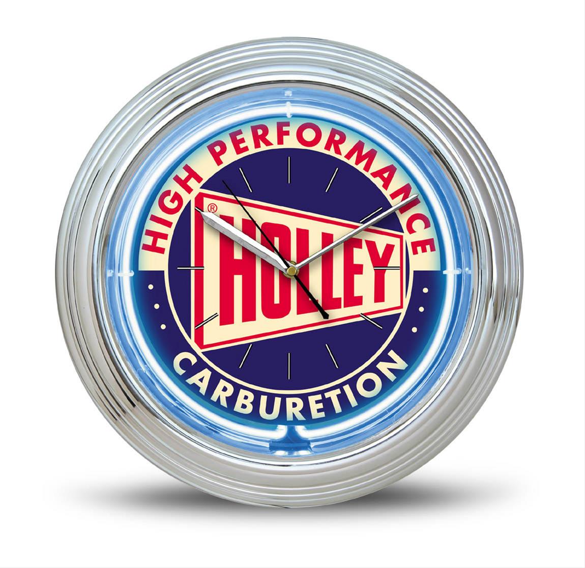 Holley Retro Logo Neon Clock 10004HOL Wall Clocks, Neon, Analog, Logo, Blue/Red/White Face, Chrome Bezel, 10 in. Diameter, Each