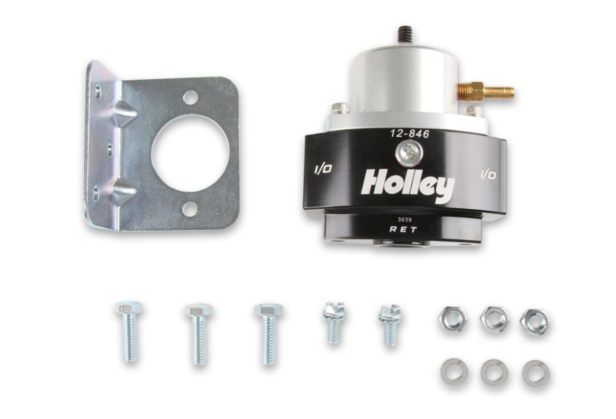 Holley HP Billet Fuel Pressure Regulators 12-846 Regulators, Billet, 15 to 65 psi, Inline, Return Style, -8 AN Inlet and Outlet, -6 AN Return, Black Finish, Bracket, Each thumbnail 2