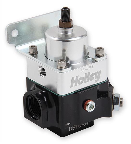 Holley Double Adjustable Fuel Pressure Regulators 12-883 Regulators, Dual Adjustable, 4-9 psi, Return Style, In-line, -10 AN Female, Inlet and Outlet Ports, Aluminum, Black, with Bracket, Each