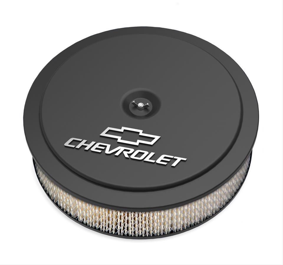 Holley GM Muscle Series Air Cleaners 120-212 Cleaners, Series, 14 in. Round, 1 in. Drop, Chevy Logo, Aluminum, Black, Satin Finish, 3 in. Paper Filter, Aluminum Wing nut, Kit