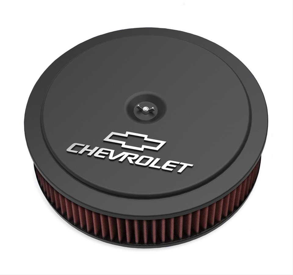 Holley GM Muscle Series Air Cleaners 120-220 Cleaners, Series, 14 in. Round, 1 in. Drop, Chevy Logo, Aluminum, Black Finish, 3 in. Filter, Red, Cotton Gauze, Chrome Wing nut, Kit