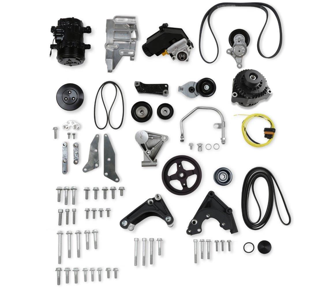 Holley Mid-Mount Complete Accessory Systems 20-163BK Drive Systems, Mid-Mount, Black, Serpentine, 6-groove, GM Type 2, Sanden SD-7, Chevy, LSA, LS, Kit