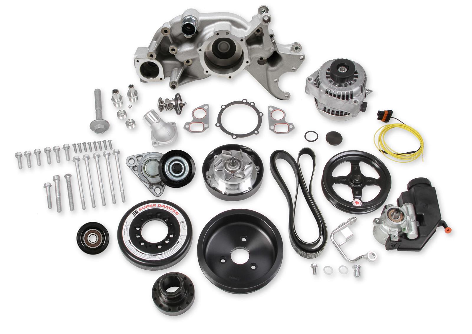 Holley Mid-Mount Complete Accessory Systems 20-181 Drive Systems, LS Mid-mount, Serpentine, Alternator, Water Pump, Power Steering, SFI Damper, Hardware, Natural Finish, Chevy, 4.8-7.0L, Kit thumbnail 3
