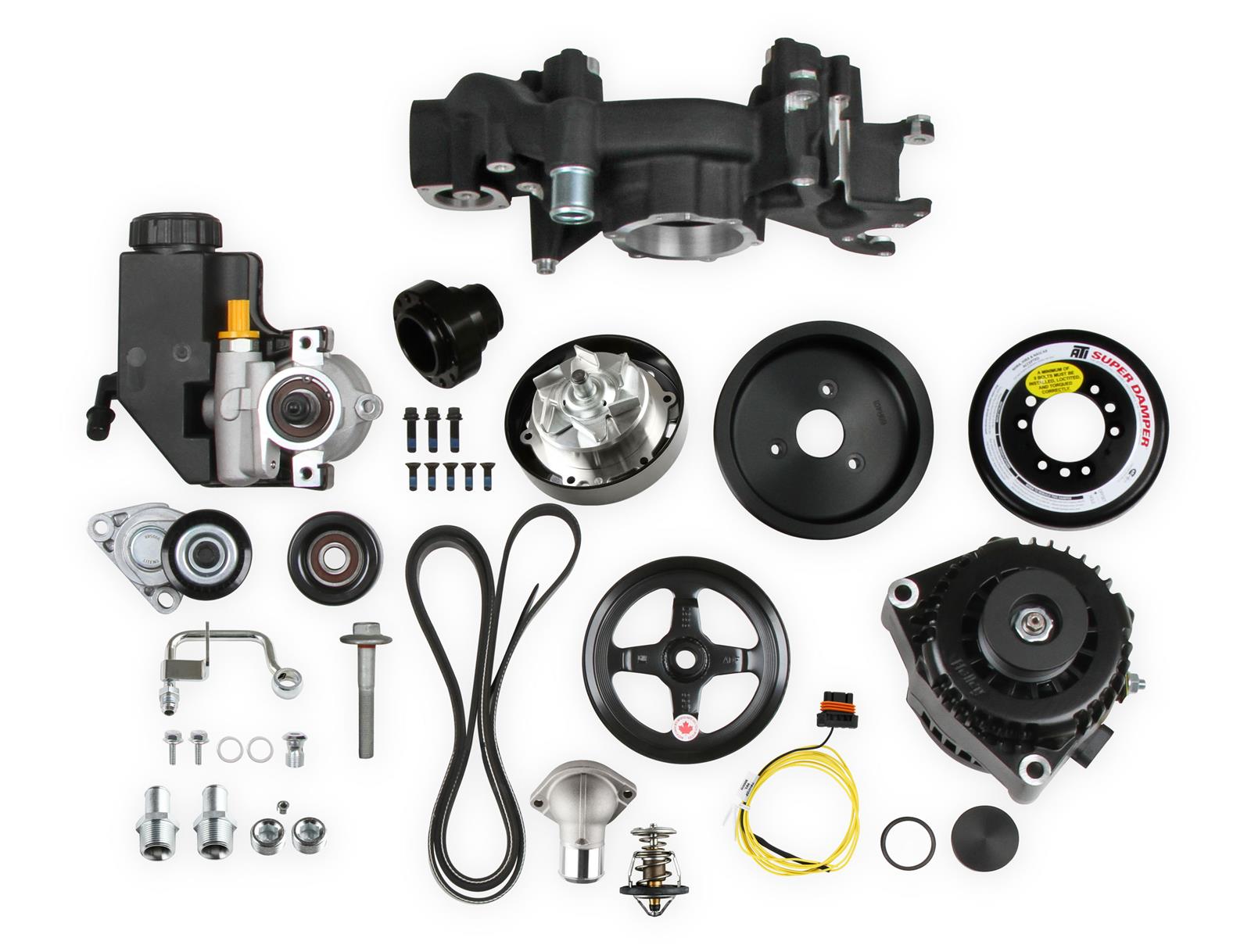 Holley Mid-Mount Complete Accessory Systems 20-181BK Drive Systems, LS Mid-mount, Serpentine, Alternator, Water Pump, Power Steering, SFI Damper, Hardware, Black Finish, Chevy, 4.8-7.0L, Kit