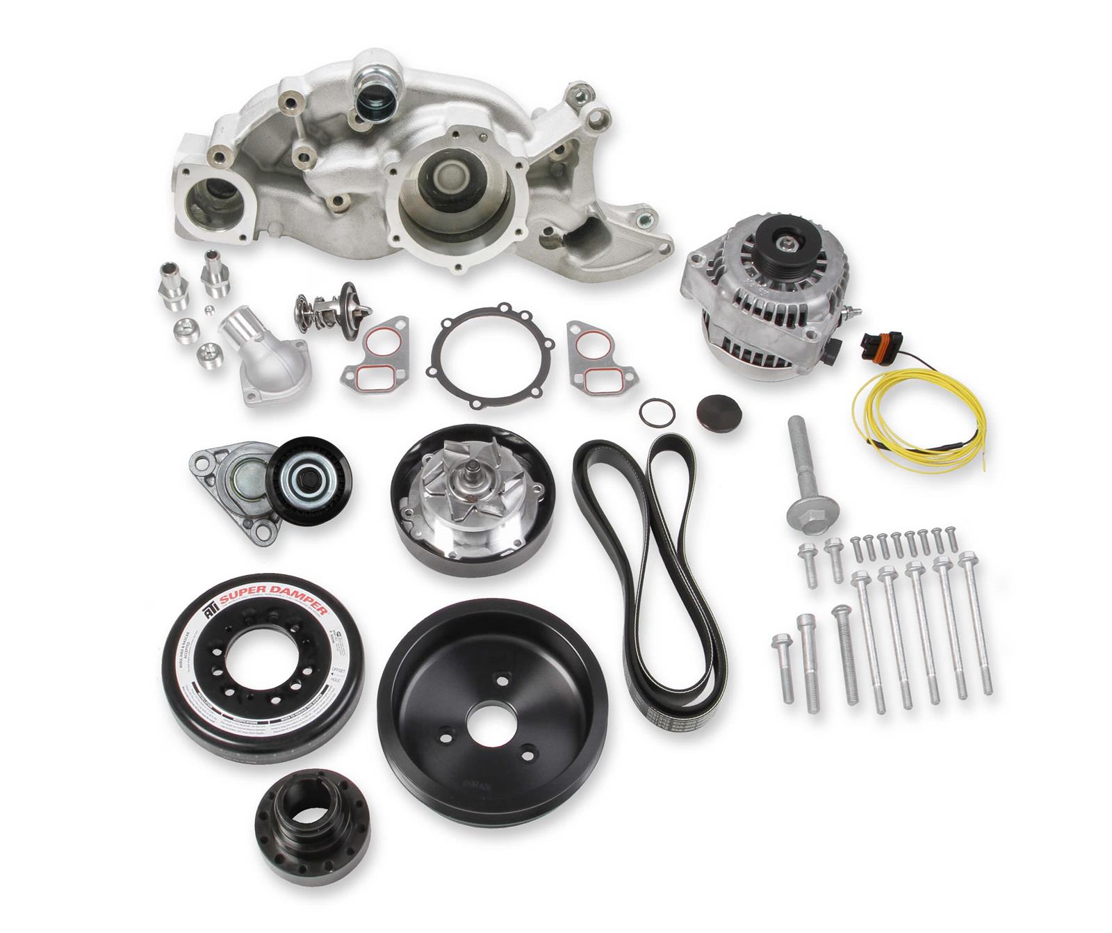 Holley Mid-Mount Complete Accessory Systems 20-182 Drive Systems, LS Mid-mount, Serpentine, Alternator, Water Pump, Clockwise, Tensioner, SFI Damper, Natrual Finish, Chevy, 4.8-7.0L, Kit
