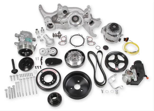 Holley Mid-Mount Complete Accessory Systems 20-190 Drive Systems, LS Mid-Mount, Serpentine, Alternator, Power Steering, Water Pump, AC, Pulleys, 6-groove, Natural Finish, Chevy, 4.8-7.0L, Kit thumbnail 3