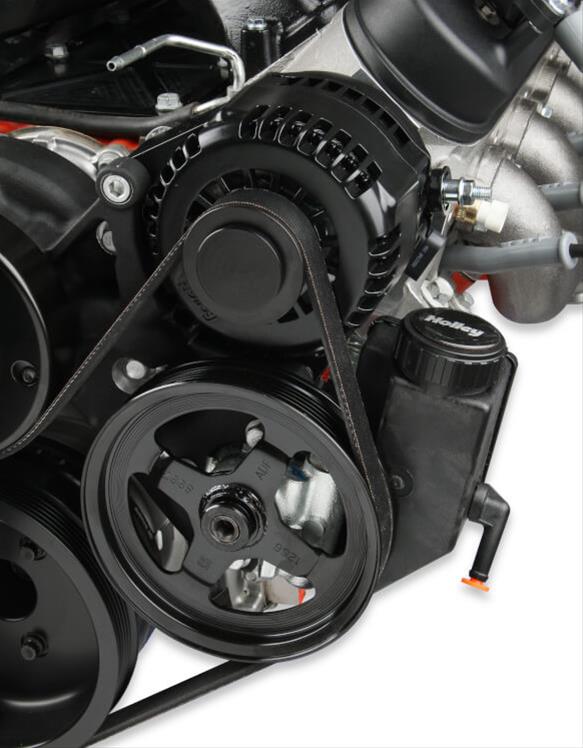 Holley Mid-Mount Complete Accessory Systems 20-200BK Drive Systems, LT Mid-Mount, Serpentine, Alternator, Power Steering, AC, Water Pump, Pulleys, 6-groove, Black Finish, Chevy, 5.3L, 6.2L, Kit
