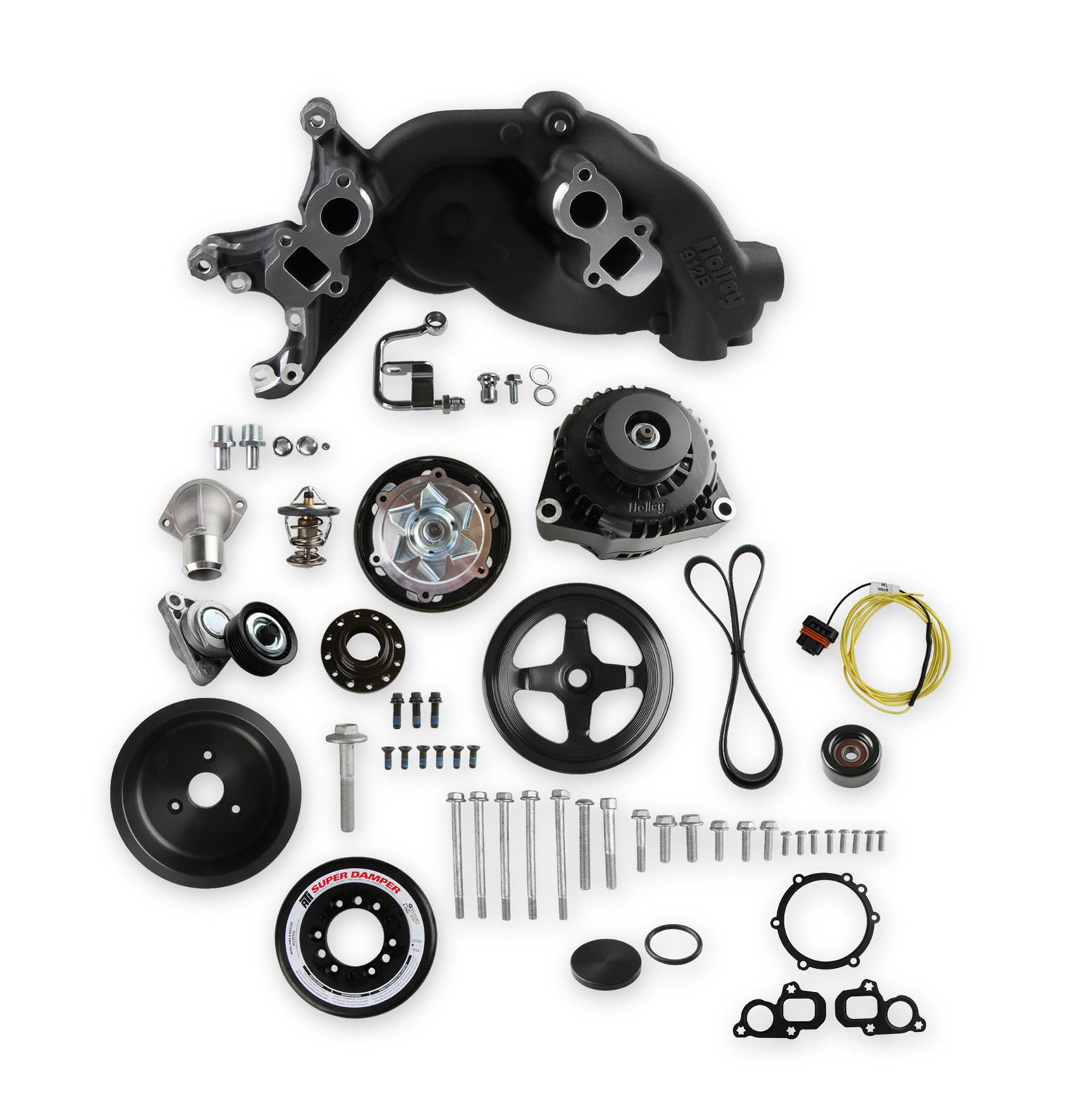 Holley Mid-Mount Complete Accessory Systems 20-201BK Drive Systems, LT Mid-Mount, Serpentine, Alternator, Power Steering, Water Pump, Pulleys, 6-groove, Black Finish, Chevy, 5.3L, 6.2L, Kit
