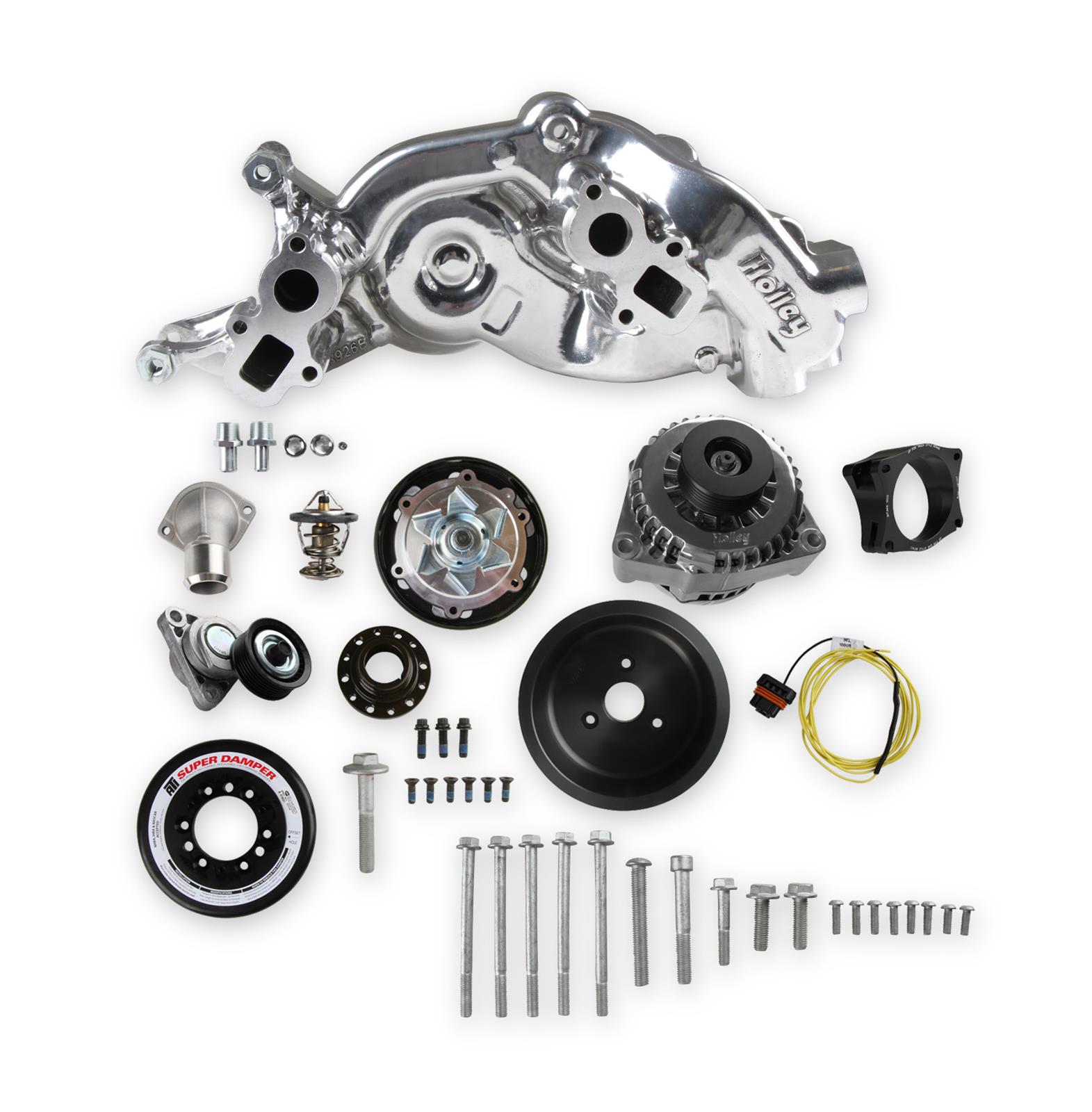 Holley Mid-Mount Complete Accessory Systems 20-202P Drive Systems, LT Mid-Mount, Serpentine, Alternator, Water Pump, Pulleys, 6-groove, SFI Damper, Polished Finish, Chevy, 6.2L, Kit