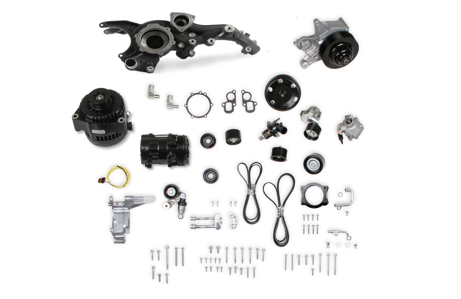 Holley Mid-Mount Complete Accessory Systems 20-230BK Drive Systems, Mid-mount, Serpentine, Alternator, Power Steering, AC, Water Pump, Black, Pulleys, 6-groove, Chevy, 6.2L, Gen V, LT5, Kit