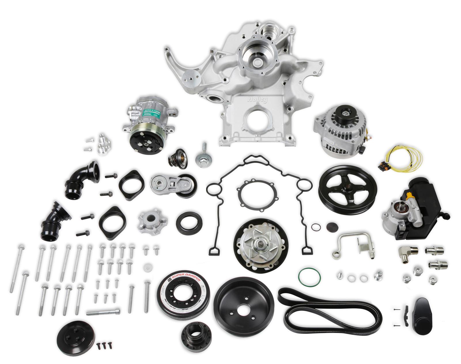 Holley Mid-Mount Complete Accessory Systems 20-292 Drive Systems, Mid-Mount, Gen III, Hemi, Non-VVT, Serpentine, 6-groove, Alternator, Power Steering, AC, Water Pump, Belts, Natural, Kit