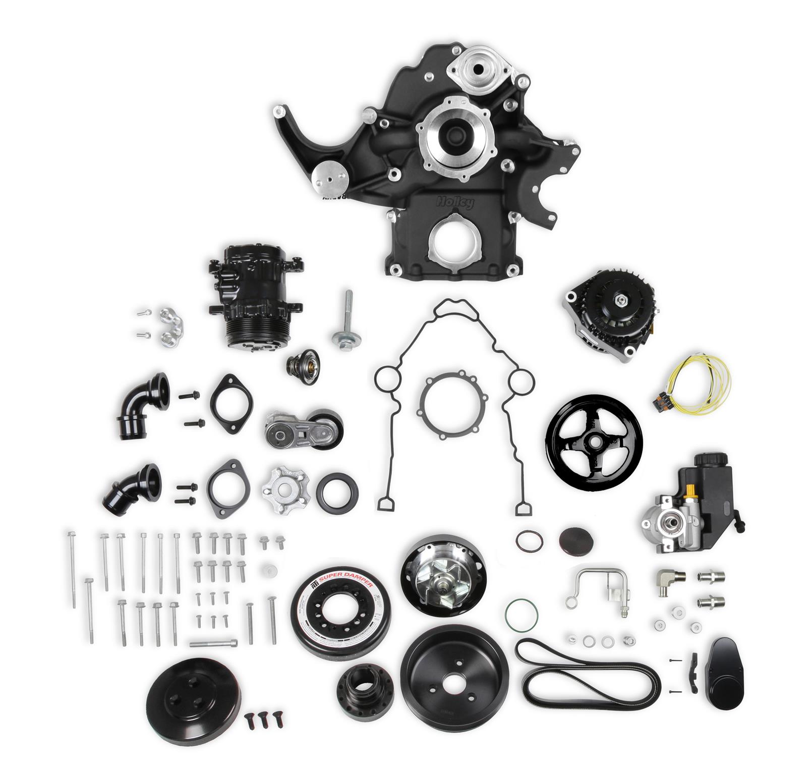 Holley Mid-Mount Complete Accessory Systems 20-292BK Drive System, Mid-Mount, Serpentine, 6-groove, Alternator, Power Steering, AC, Water Pump, Belts, Black Finish, Hemi, Gen III, Non-VVT, Kit