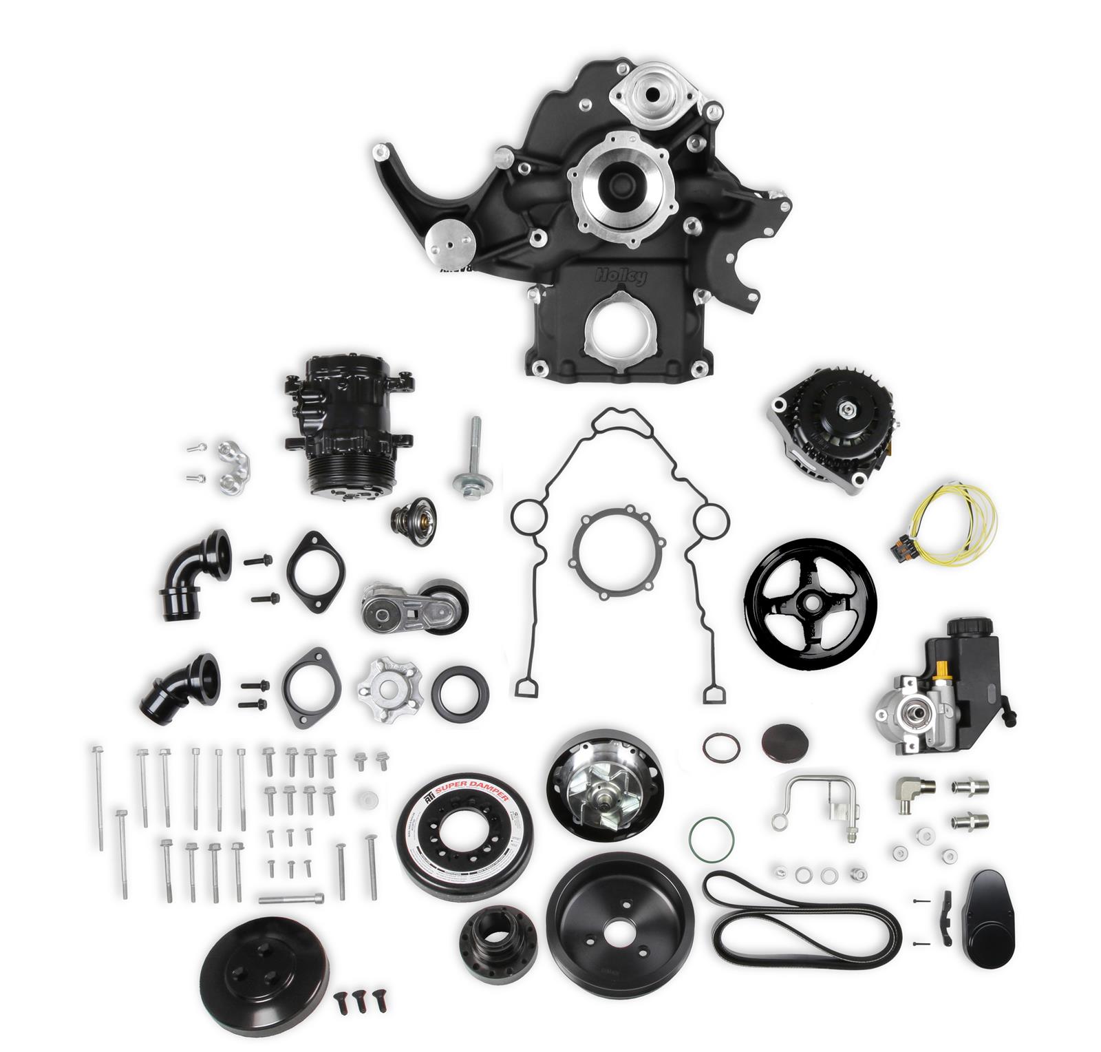 Holley Mid-Mount Complete Accessory Systems 20-293BK Drive Systems, Mid-Mount, Gen III, Hemi, VVT, Serpentine, 6-groove, Alternator, Power Steering, AC, Water Pump, Belts, Black Finish, Kit
