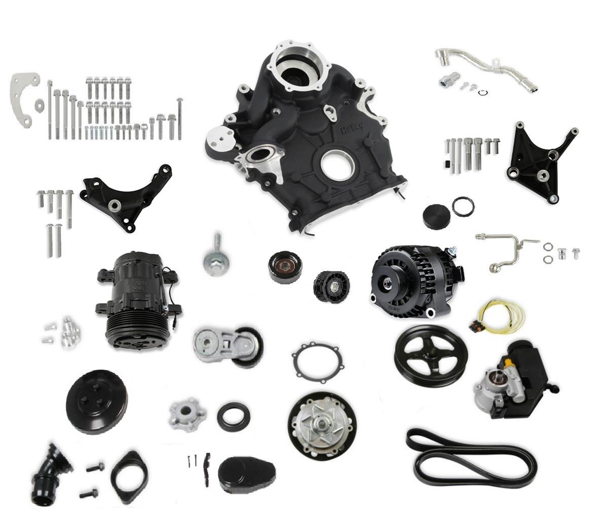 Holley High-Mount Complete Accessory Systems 20-310BK Drive Systems, High-Mount, Serpentine, Alternator, Power Steering, AC, Water Pump, Aluminum, Black, Timing Cover, Ford, 7.3L Godzilla, Kit